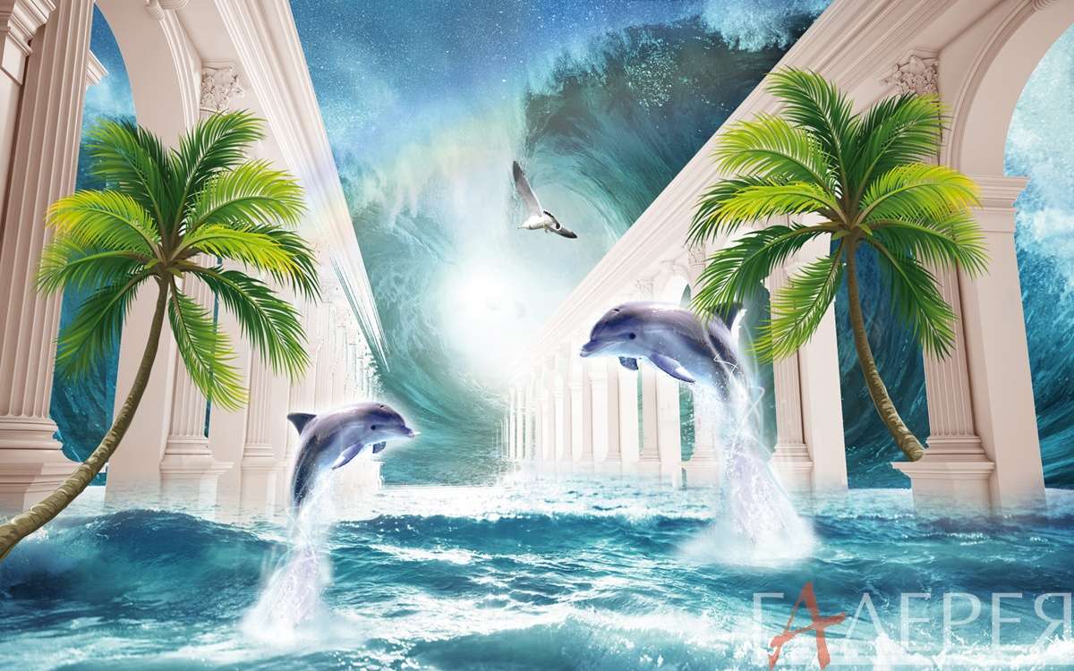 дельфины, колонны, пальмы, над водой, волны, море
